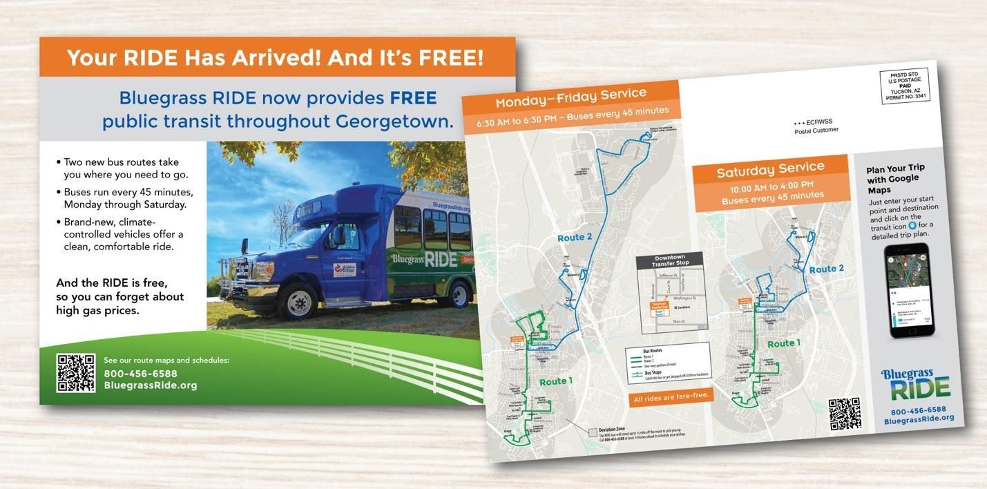 An advertisement for a bus that says your ride has arrived and it's free!