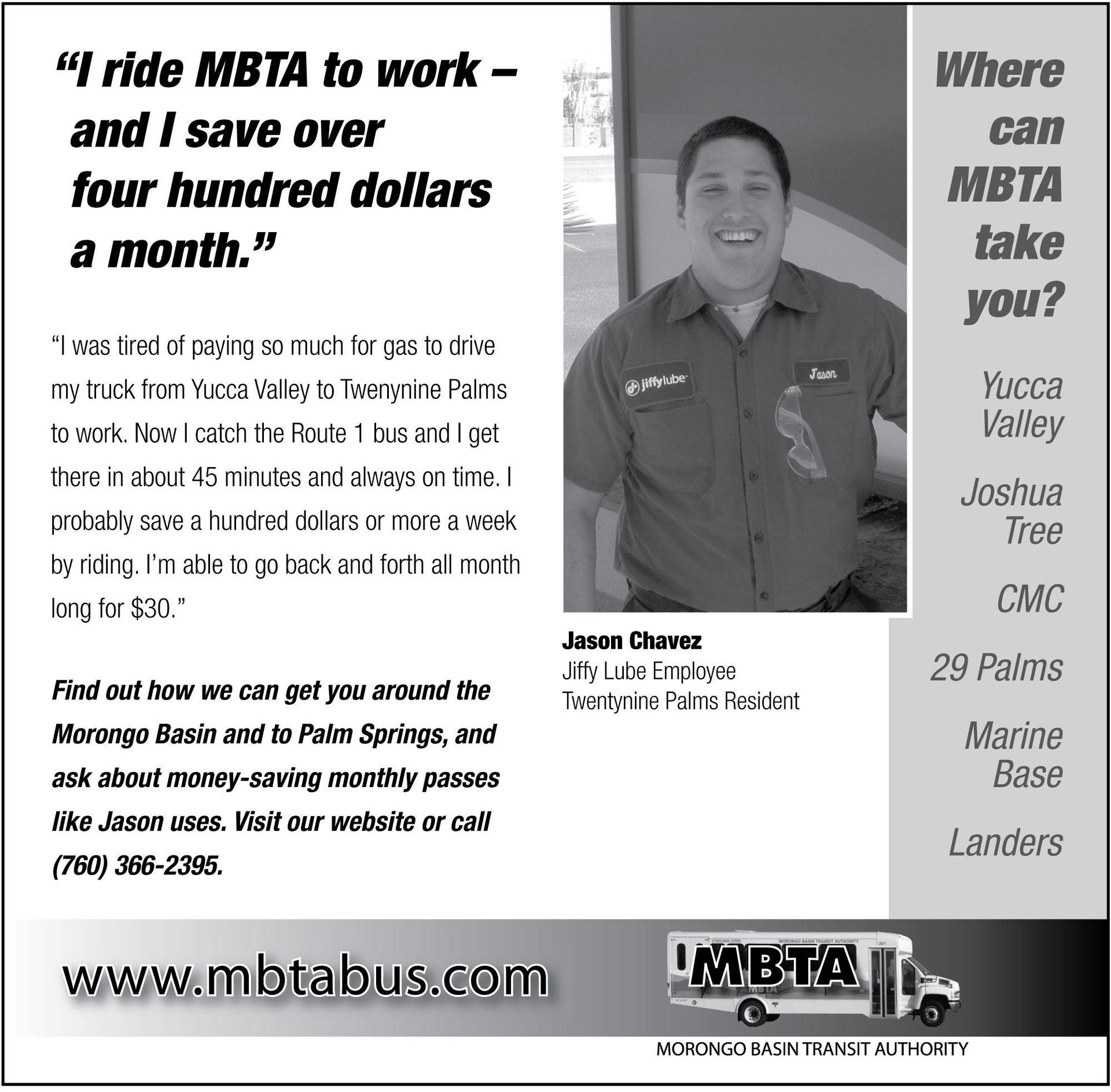 A man is smiling in an advertisement for mbta with a quote.