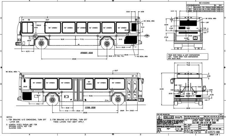 Blueprint of a city bus, showing side and front views with dimensions and mechanical details.