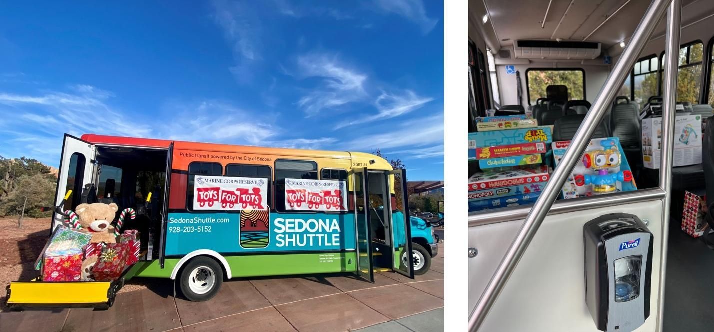 A colorful bus is parked next to a picture of the inside of the bus.