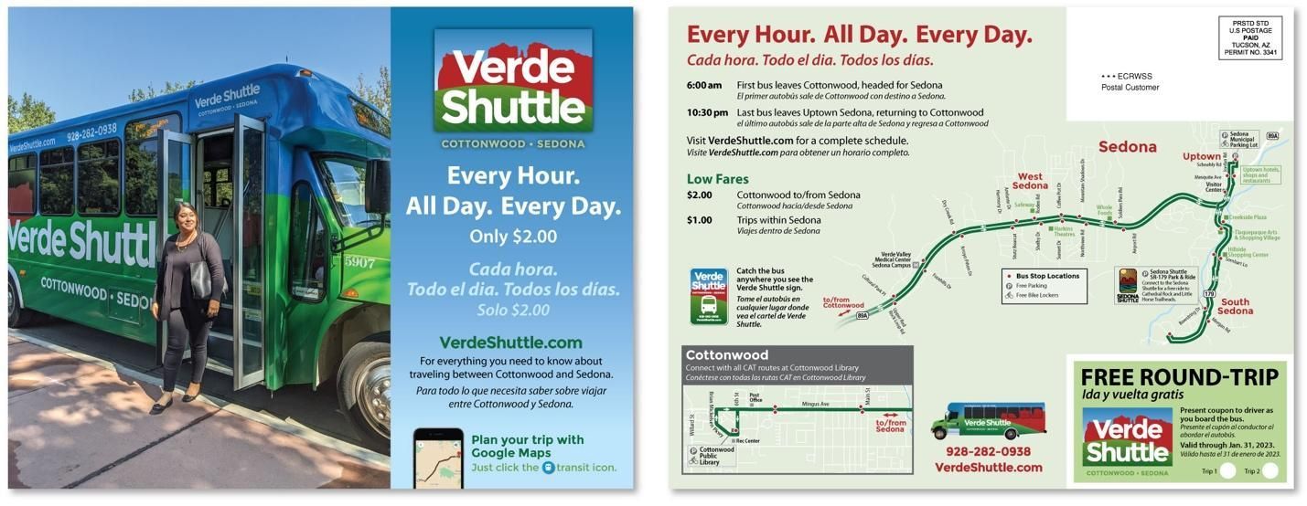 A green bus with the words verde shuttle on the side on a brochure. The other side shows a map.