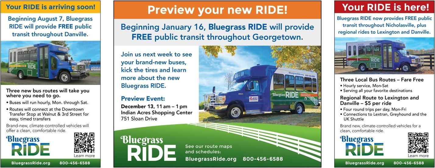 Three advertisements for a bus service called Bluegrass Ride.