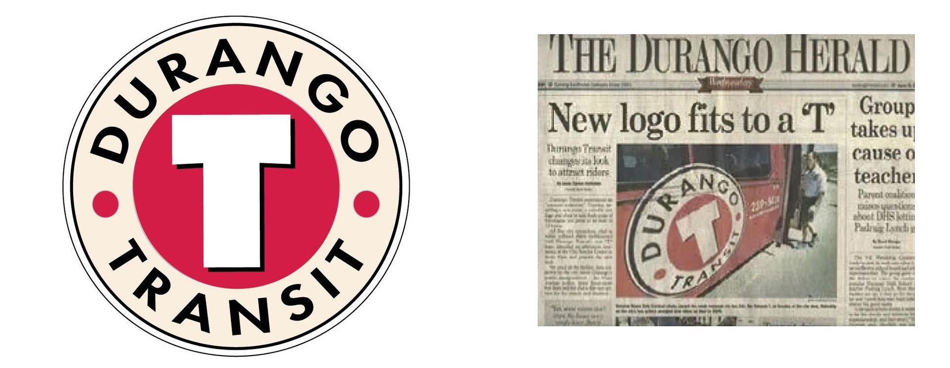 A durango transit logo next to a newspaper article.