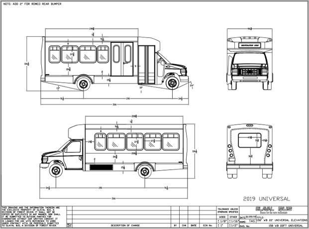 Diagram of a universal bus with dimensions. Includes side and front views, with wheelchair accessibility symbols.