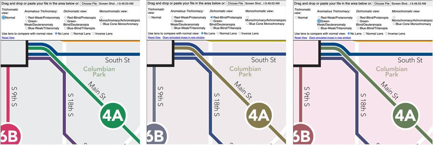 Three maps showing different routes with the letters 4a and 6b on them displayed in different color schemes for colorblindness.