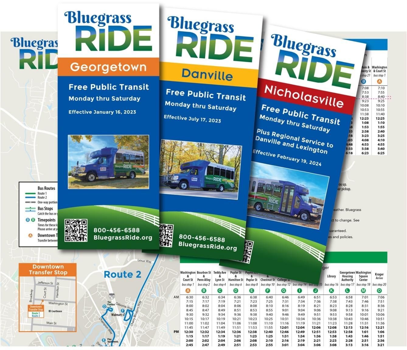 Three brochures for Bluegrass Ride Georgetown, Danville and Nicholasville.