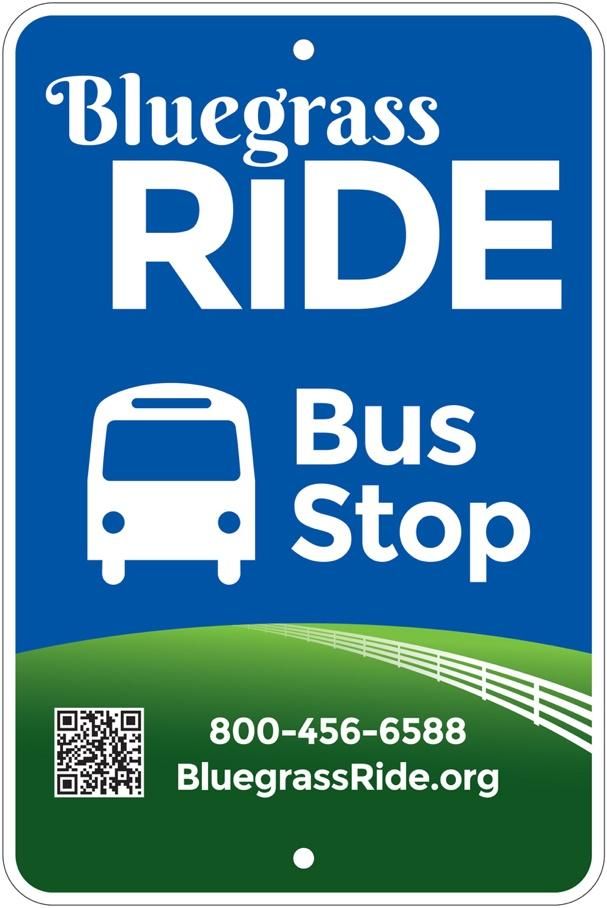 A blue sign that says bluegrass ride bus stop.