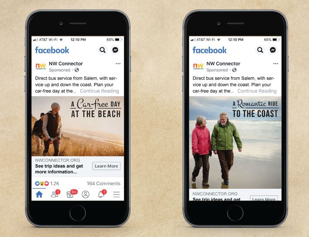 Two cell phones are displaying a facebook ad on their screens.