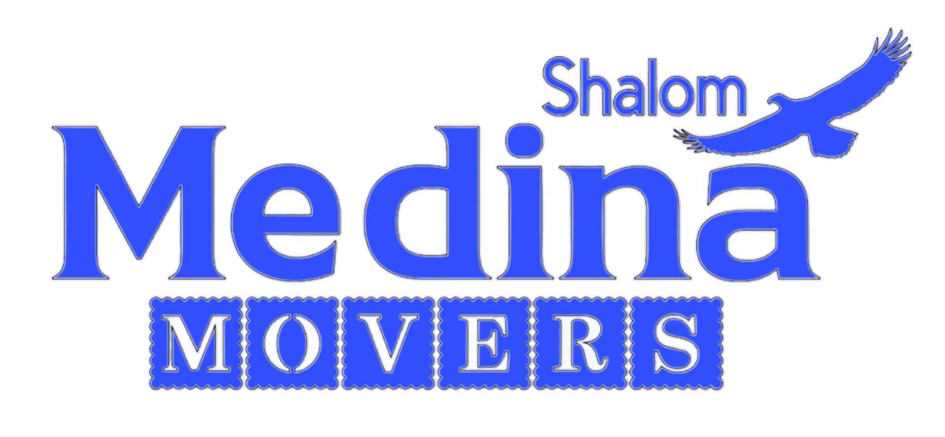 The blue logo for Shalom Medina Movers features the company name in bold font with a blue hawk icon above the text.
