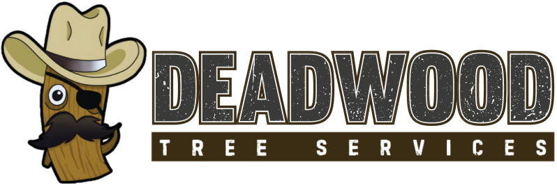 Logo for Deadwood Tree Services: Cowboy log character with mustache and eye patch next to text.