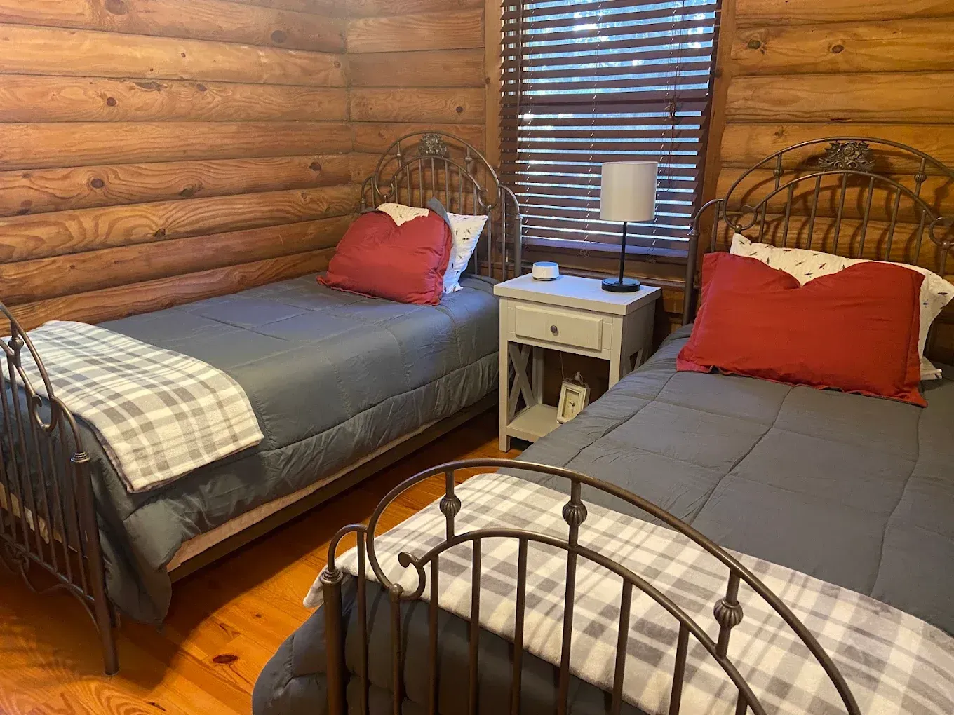 Cozy bedroom with two twin iron beds, gray bedding, red pillows, and a white nightstand between them.
