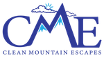 A blue logo for cme clean mountain escapes