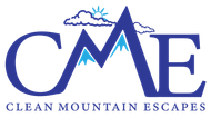 A blue logo for cme clean mountain escapes