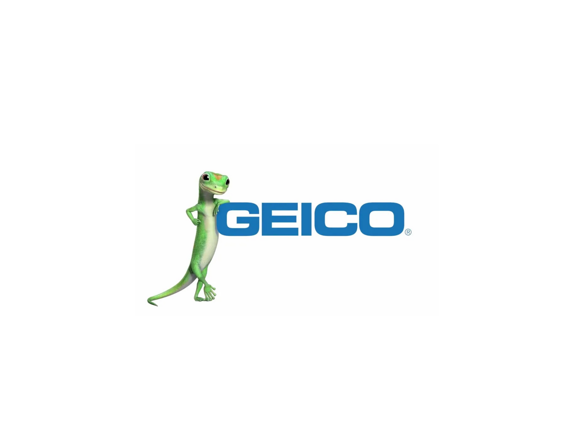 Geico logo with the green gecko mascot standing beside the blue GEICO text.