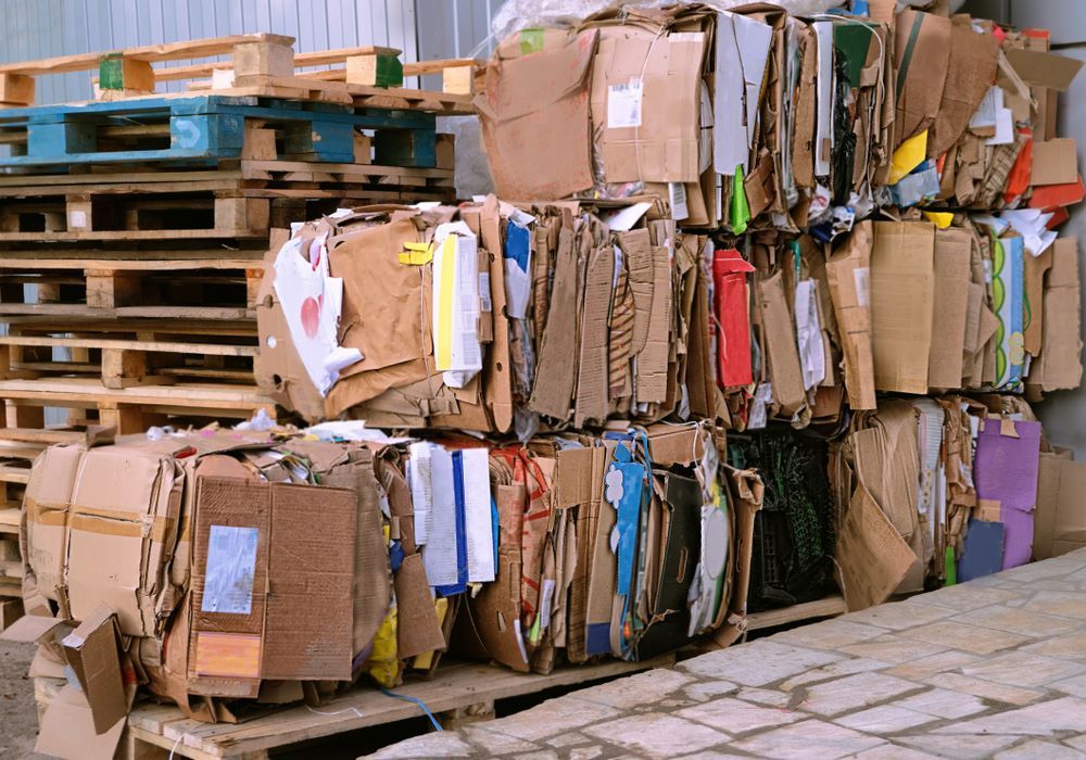 A Pile of Cardboard Boxes Sitting on Top of Wooden Pallets — Economy Waste Group | Skip Bins Central Coast In West Gosford, NSW