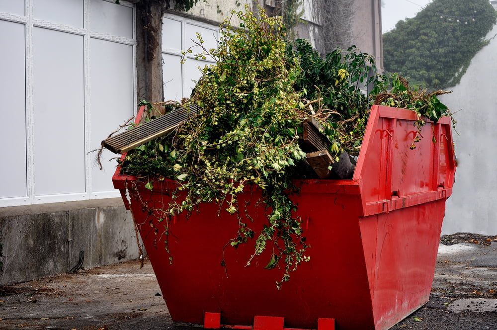 A Red Dumpster Filled With Branches And Leaves Is Sitting In Front Of A Building — Economy Waste Group | Skip Bins Central Coast In The Entrance, NSW