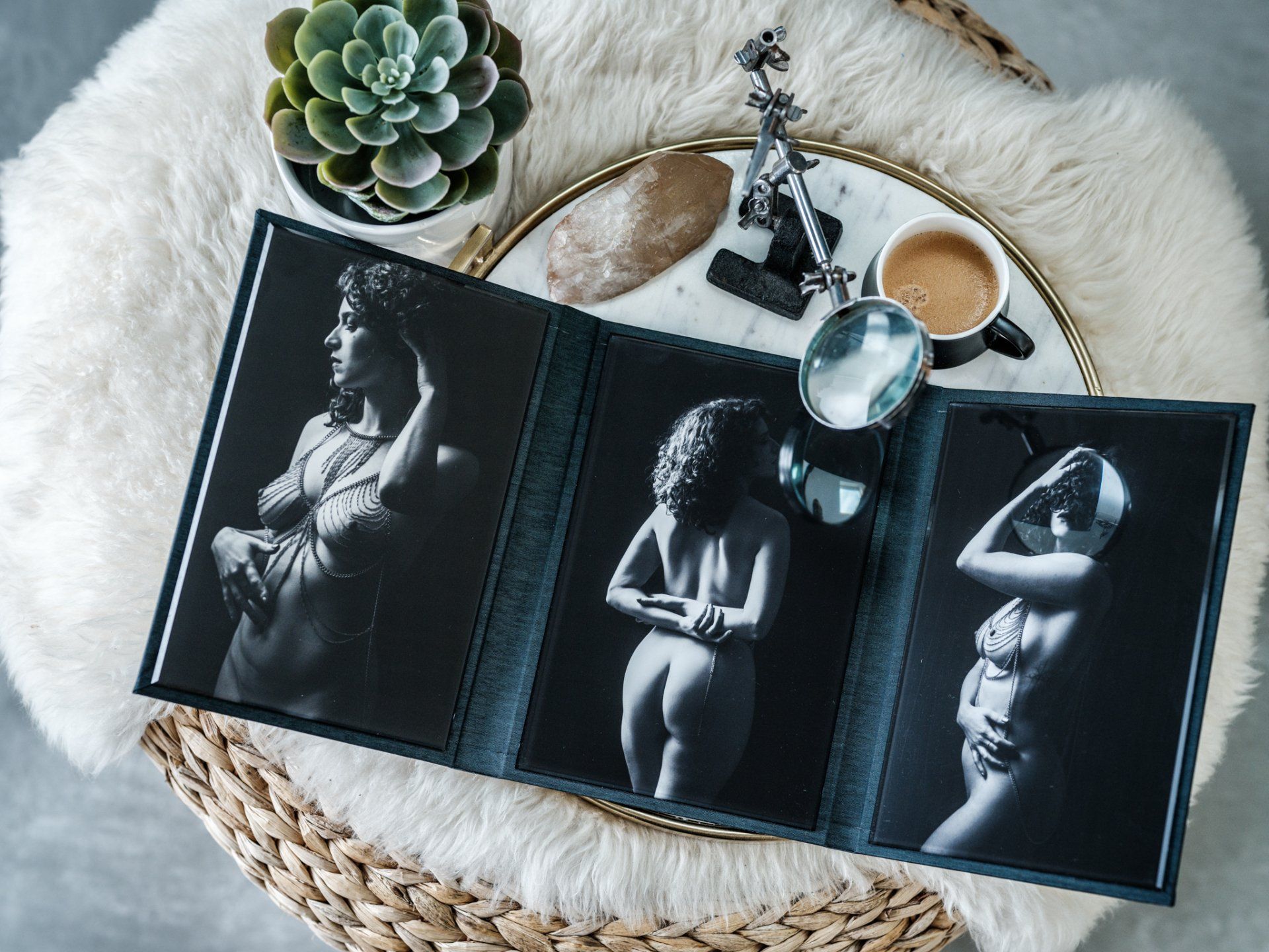 A  photo of a book on a table with a picture of a woman.