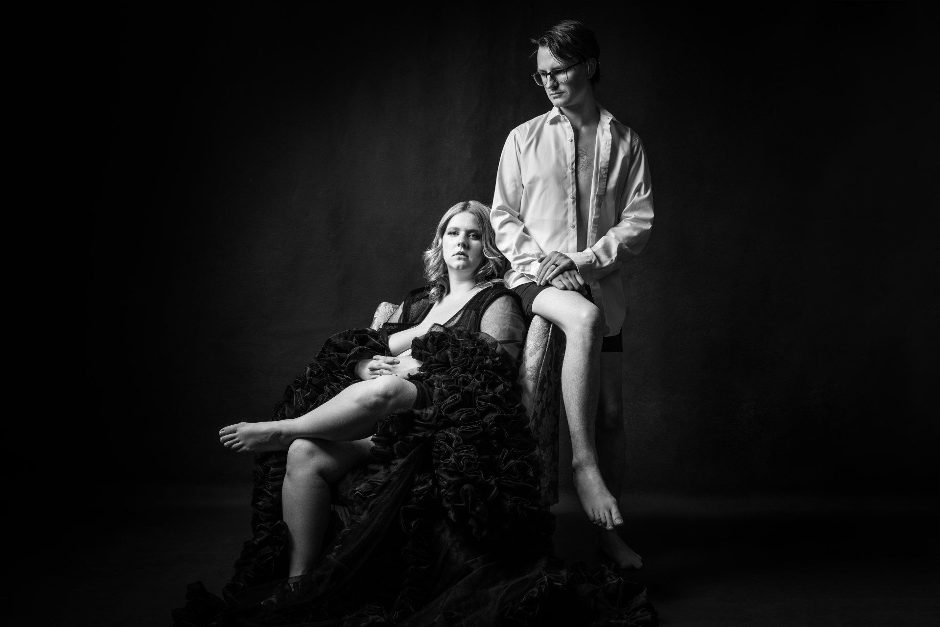 black and white boudoir portrait of a couple