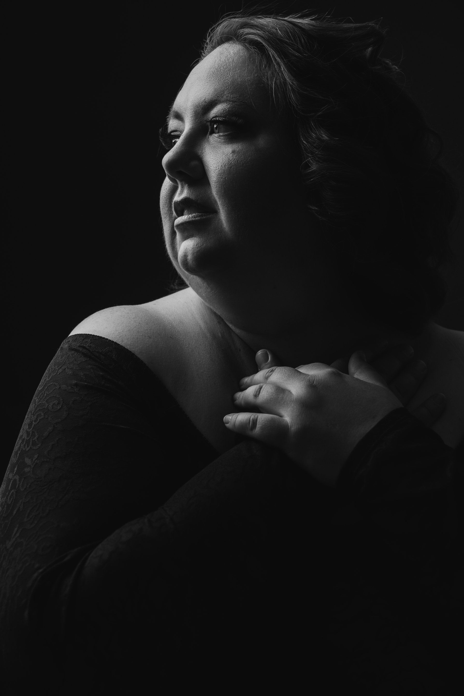 black and white portrait of plus size woman