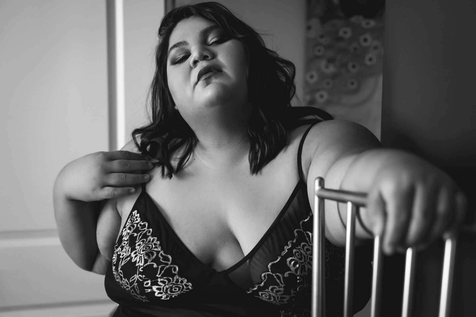 girl wearing lingerie in black and  white 