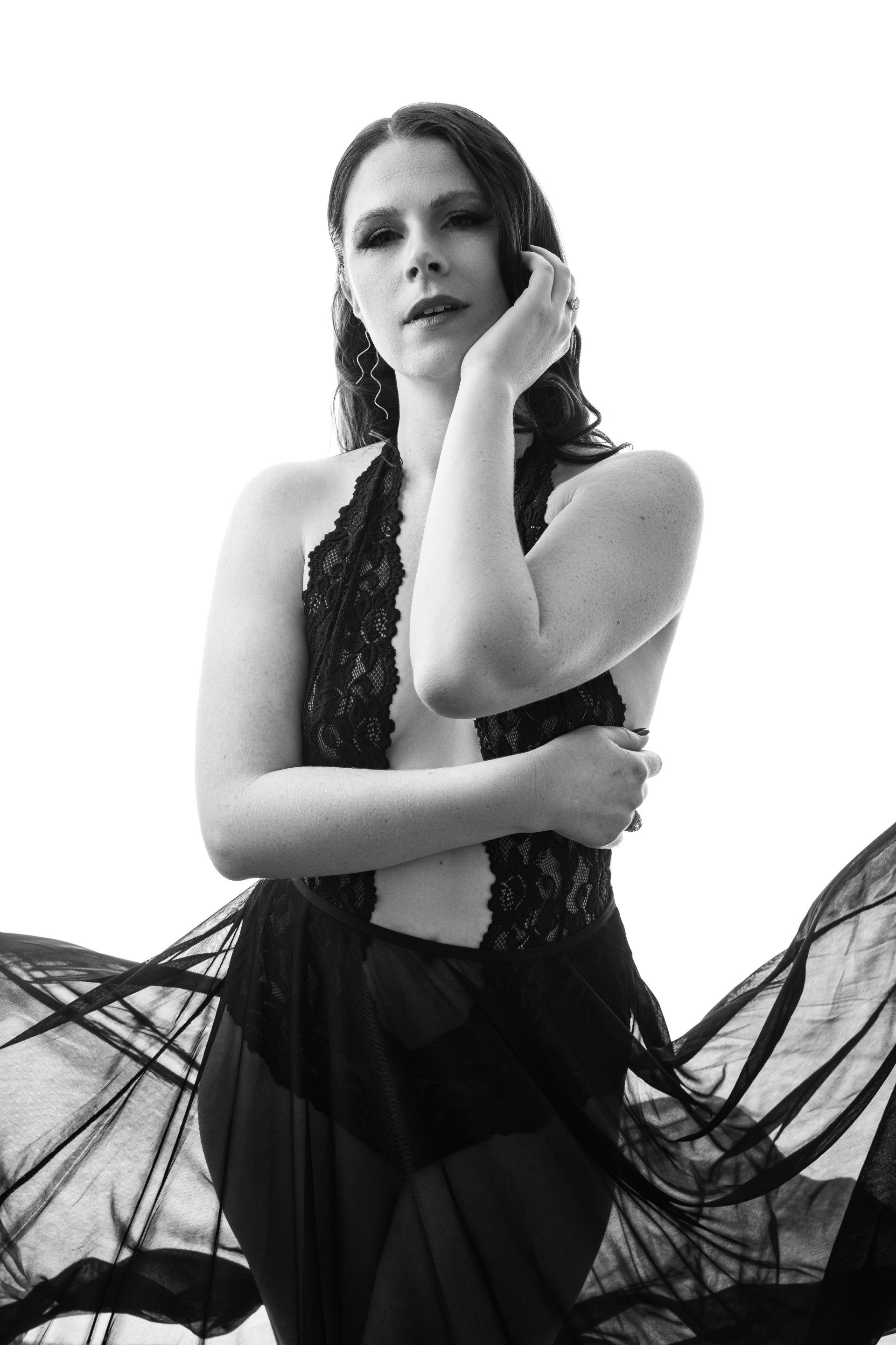 boudoir high contrast woman in flowing skirt