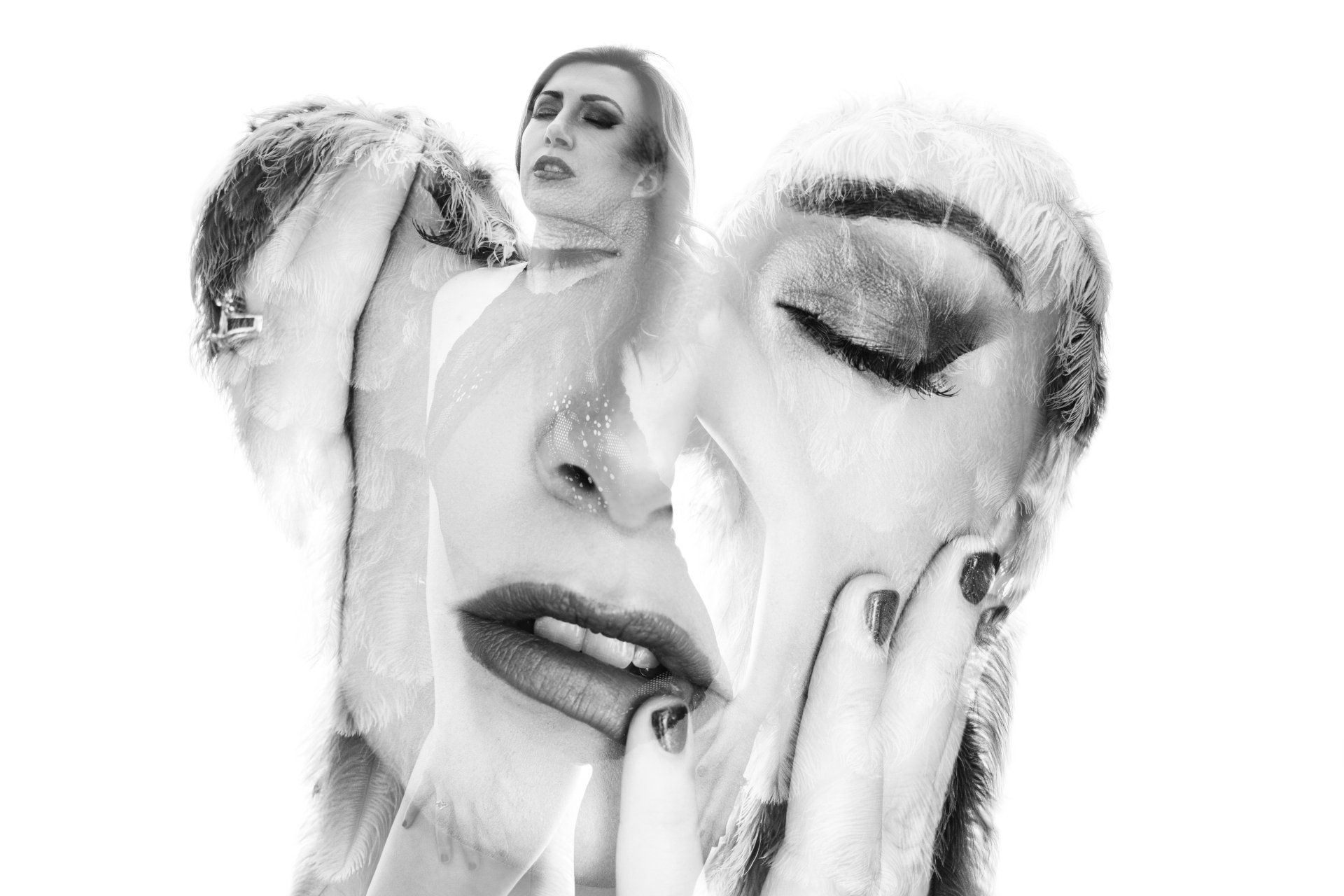 double exposure image of woman wearing angel wings and close up of woman's face