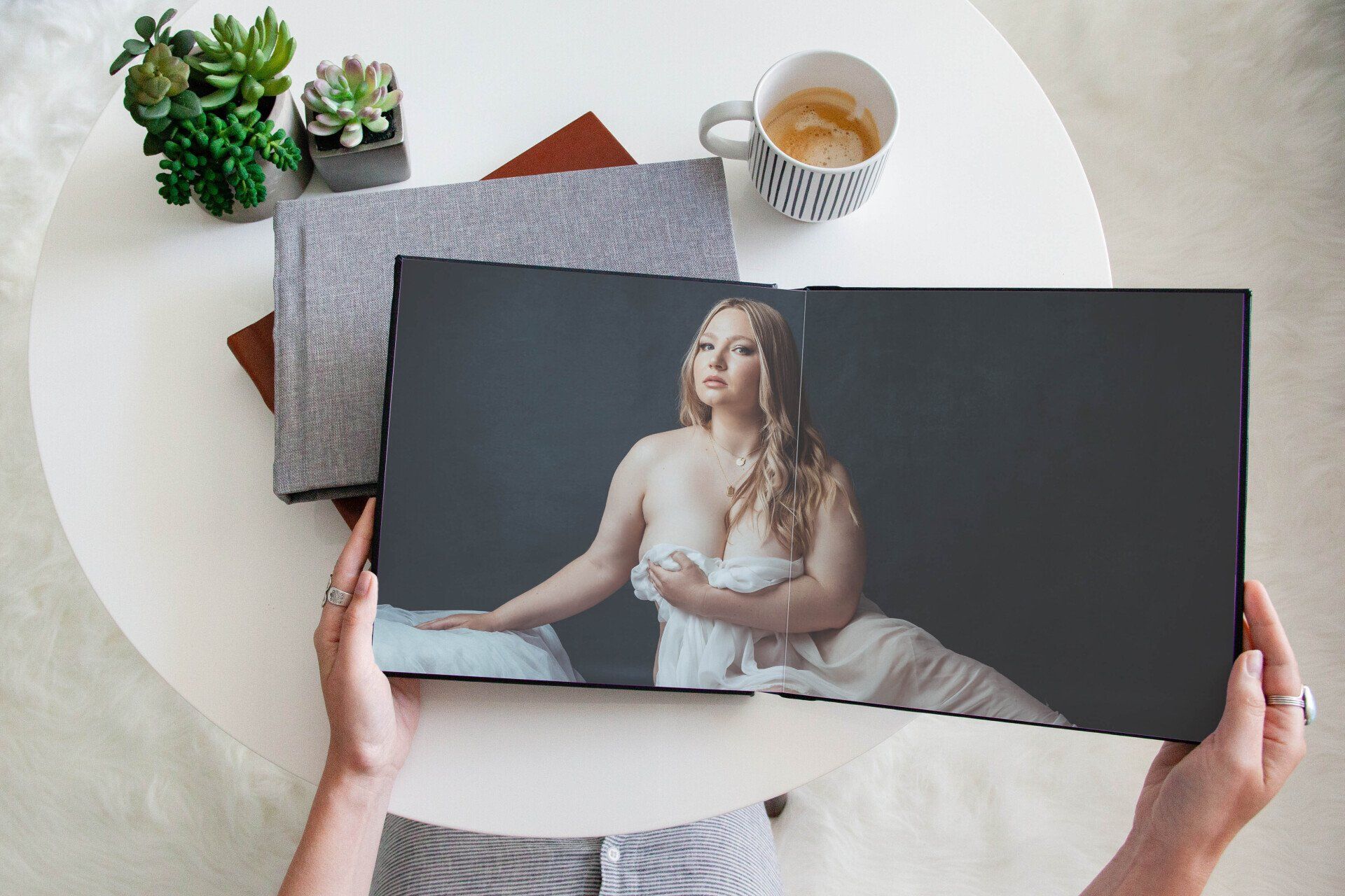 A photo book with a woman in a white dress