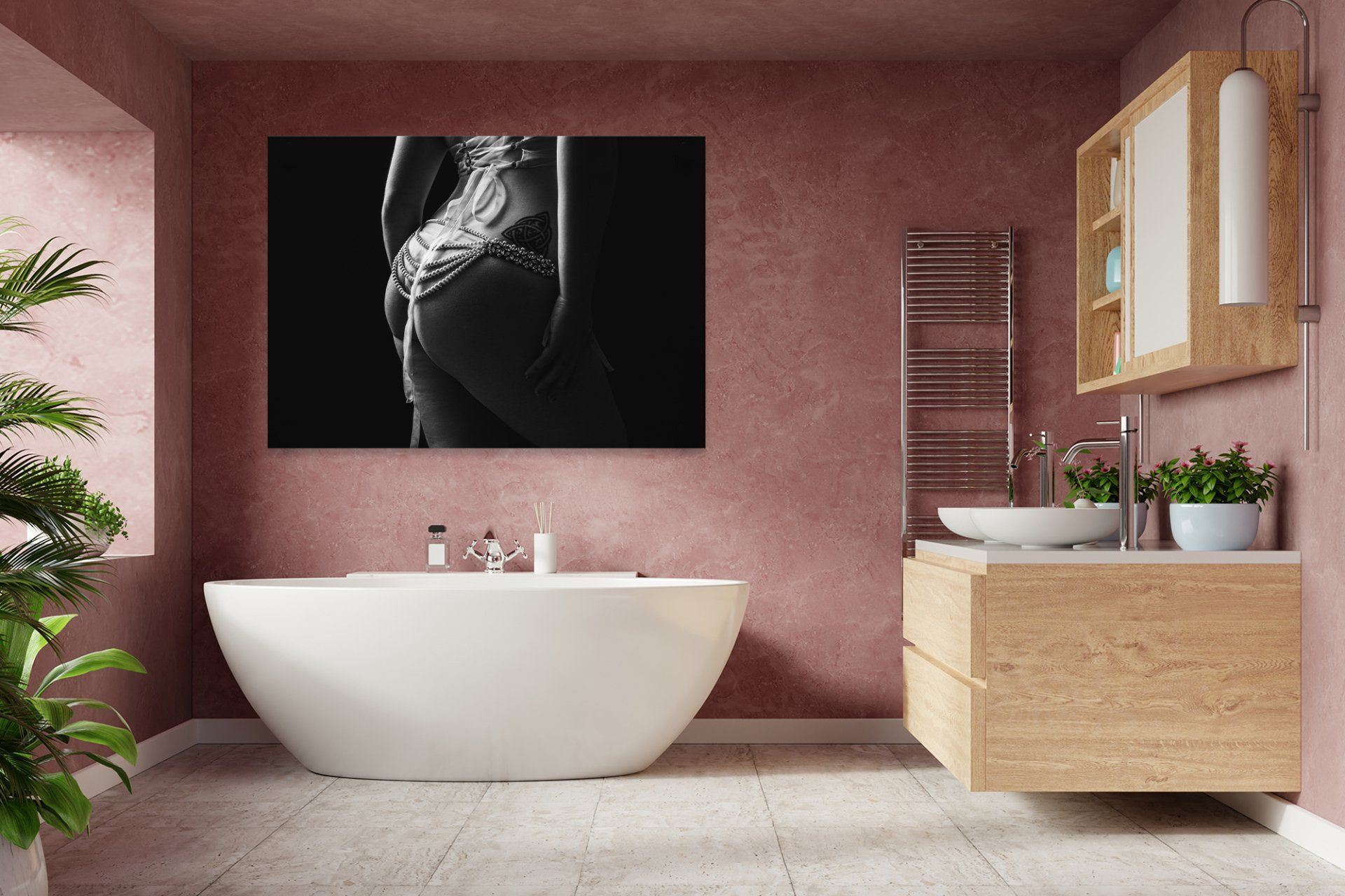 A bathroom with a large bathtub and a large painting.