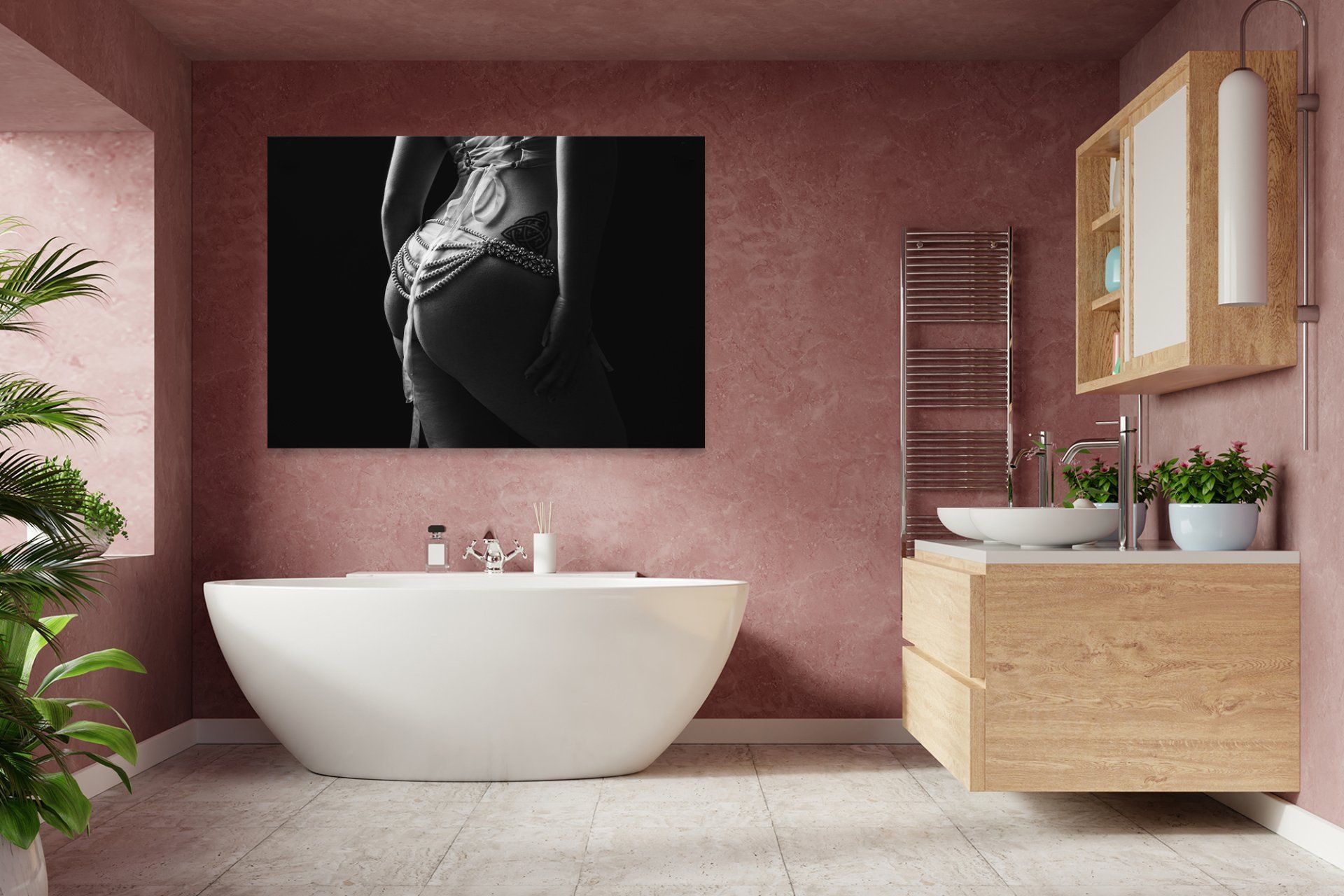 bathroom with pink interior and wooden cabinet