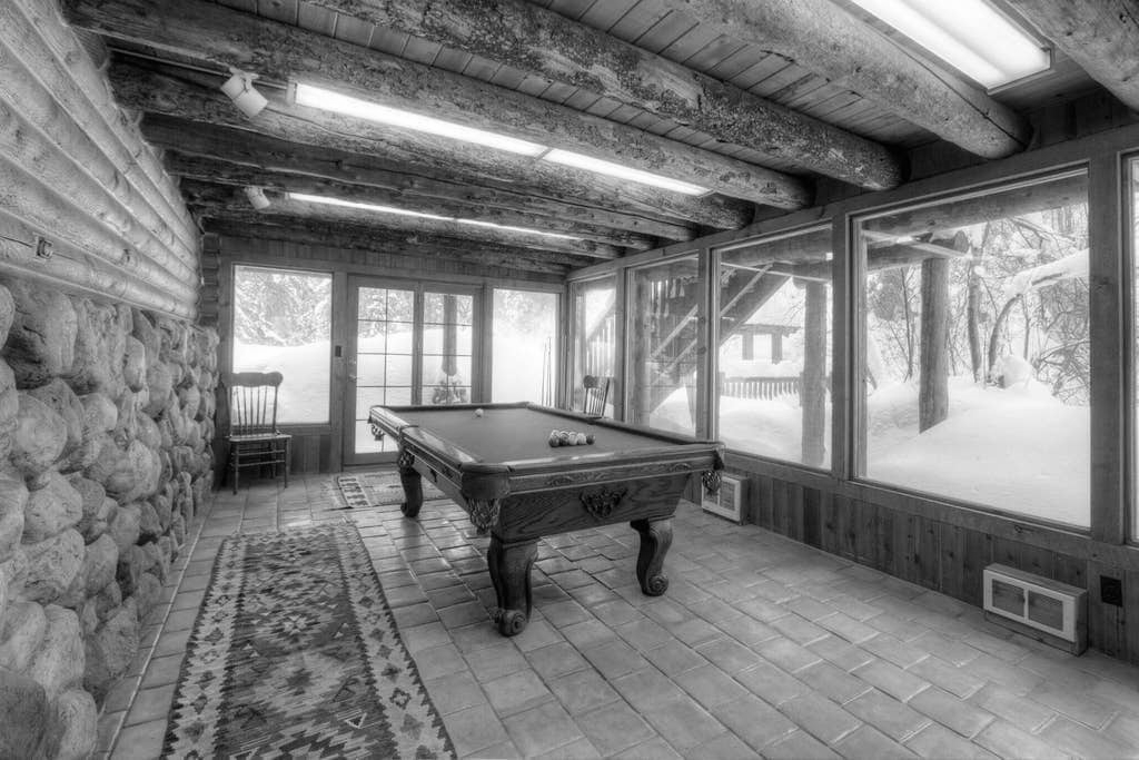 pool table in a big room of a log cabin in Sundance Utah