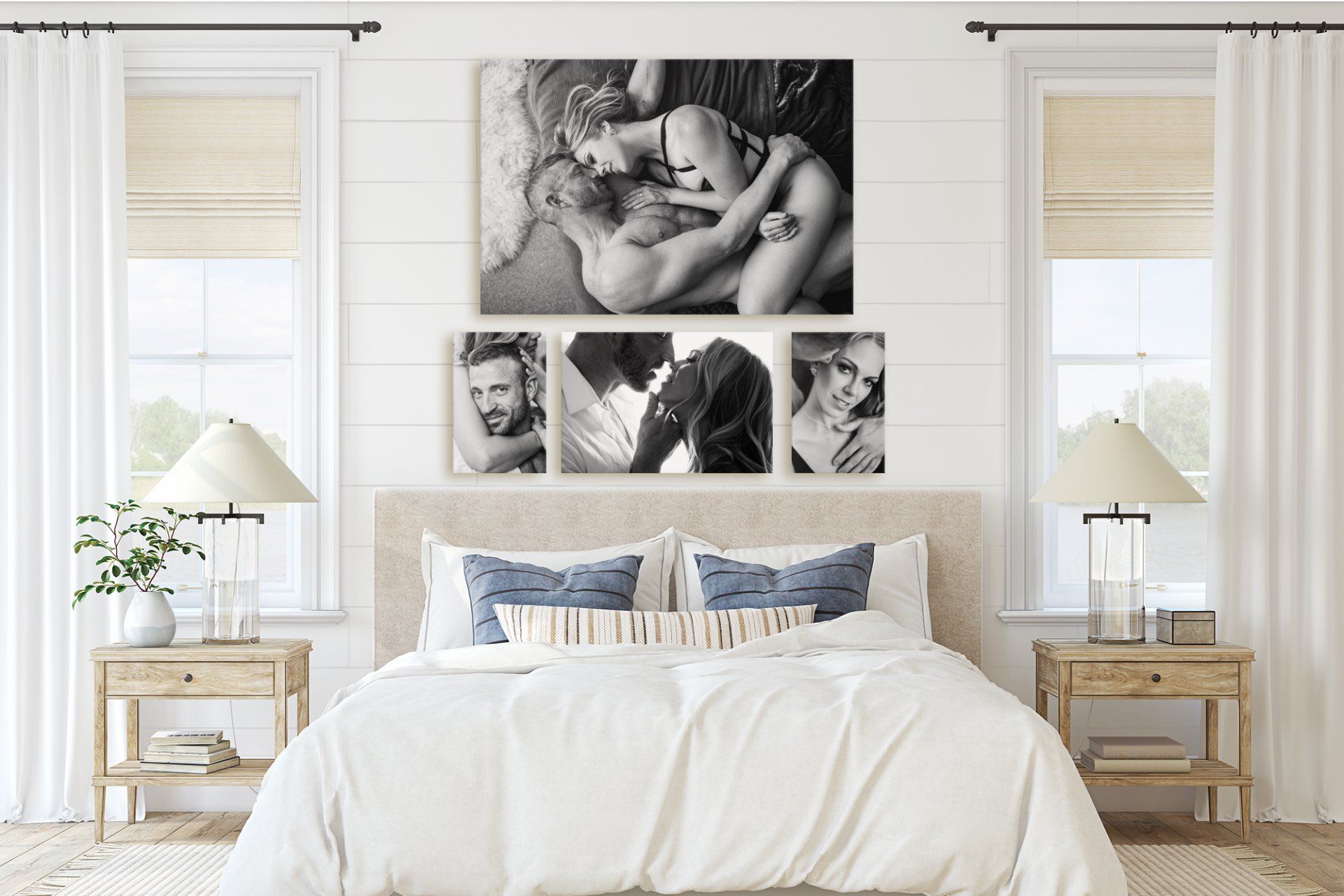 photos of couple in a minimalist corner with flappy bed and white lampshade