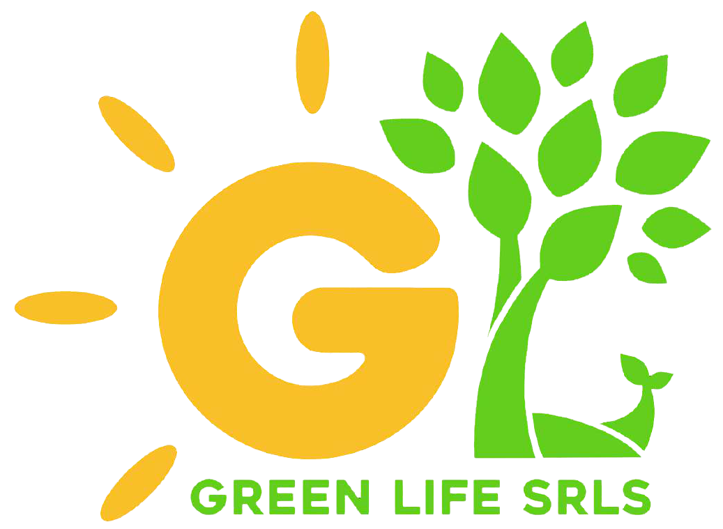 Logo giallo con "G" e albero verde, sole e la scritta "GREEN LIFE SRLS" sotto.