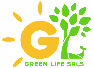 Logo giallo con "G" e albero verde, sole e la scritta "GREEN LIFE SRLS" sotto.