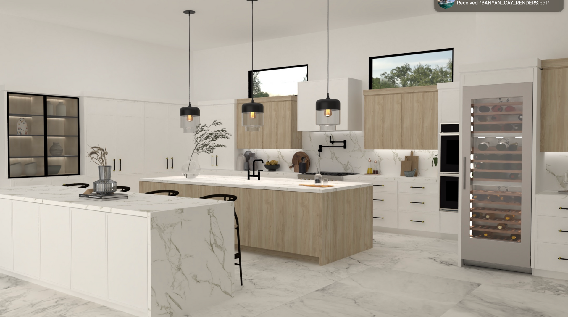 A kitchen with white cabinets and wooden cabinets and a large island in the middle.