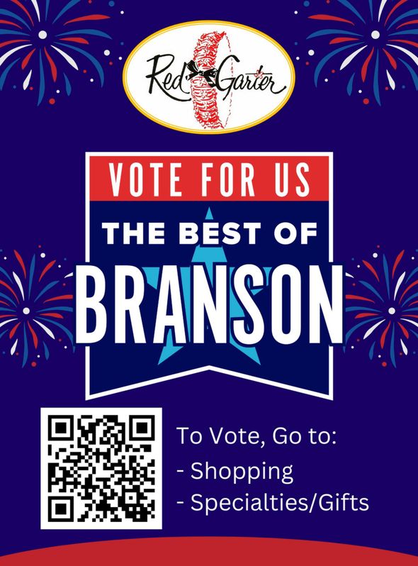 Red Gardener vote banner for Best of Branson, with fireworks and QR code for shopping specialties/gifts