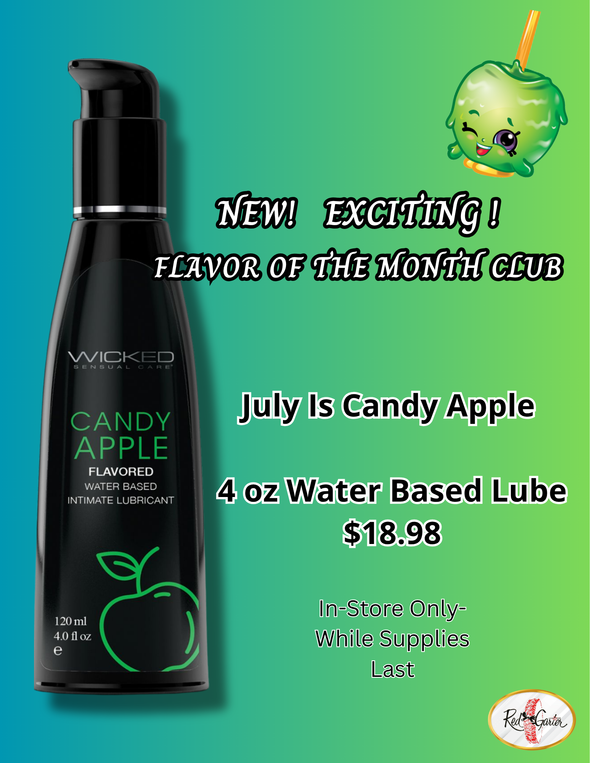 Candy apple water-based lube ad with black bottle and green background, July flavor of the month club.