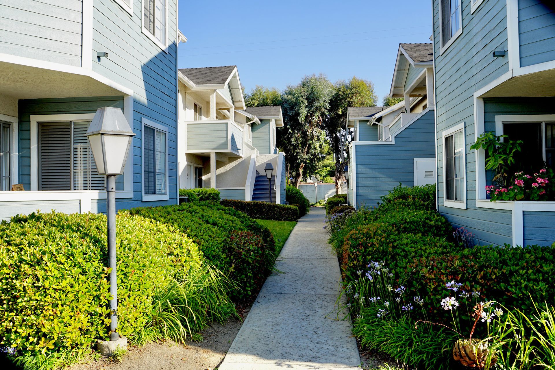 A row of houses with a walkway between them