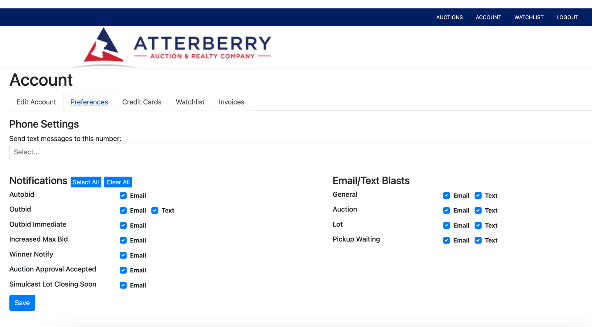 A Screenshot of Atterberry Auction’s Account Settings in Their Online Bidding Platform