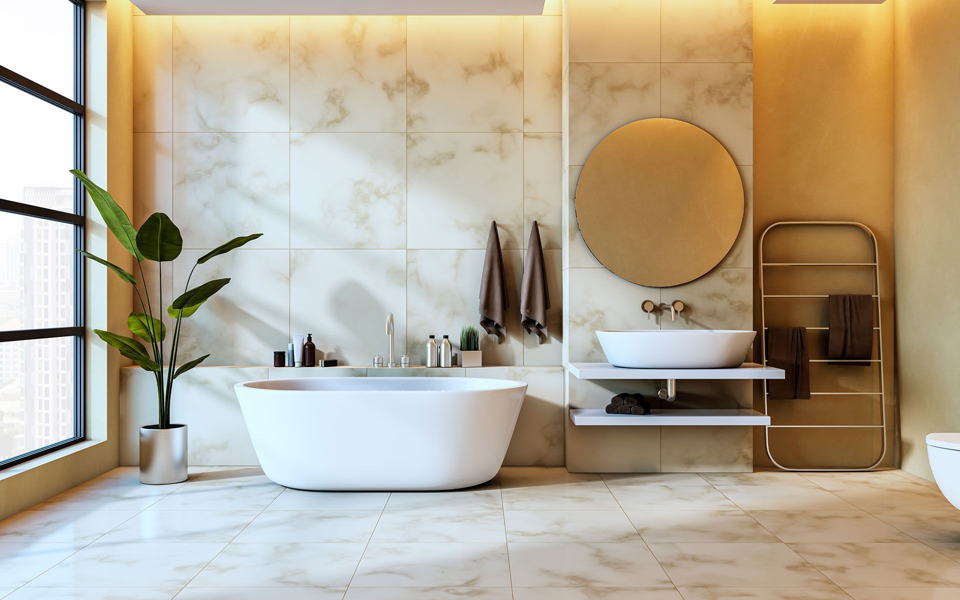 A bathroom with a tub , sink , mirror and window.