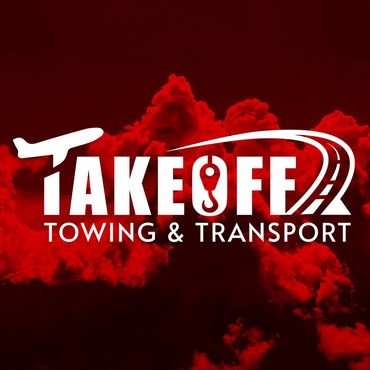 Logo for Take Off Towing & Transport. Red background with white text and an airplane silhouette.