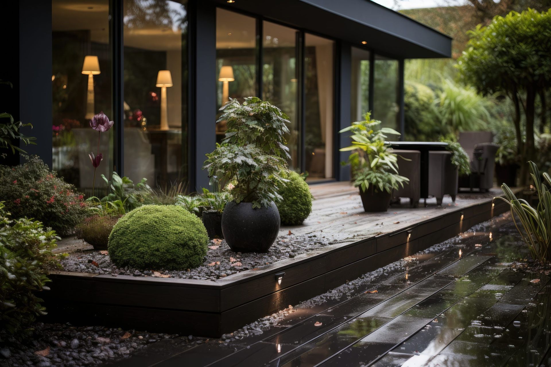 Une maison avec une grande terrasse et un étang devant