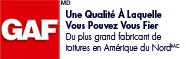 Logo GAF avec cadre rouge et texte blanc ; texte en français.