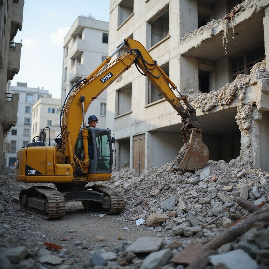 A yellow excavator demolishes a building, rubble on the ground, a worker inside, in a city setting.