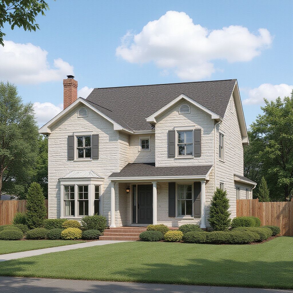 Two-story beige house with gray roof, brick chimney, dark shutters, small porch, and manicured lawn.