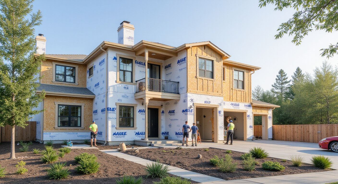 Two-story house under construction with workers outside. Light-colored wood and blue wrap visible.