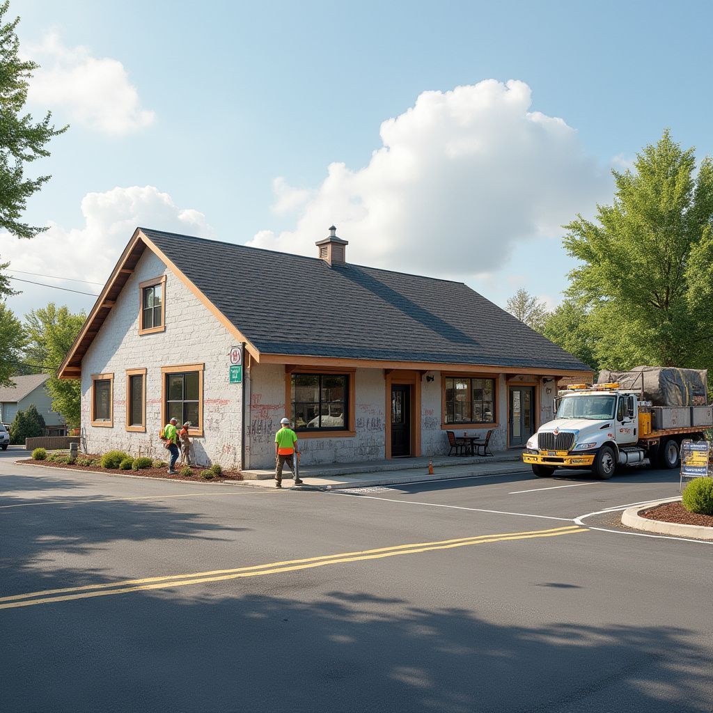 Building being renovated, construction workers, and delivery truck on sunny street.