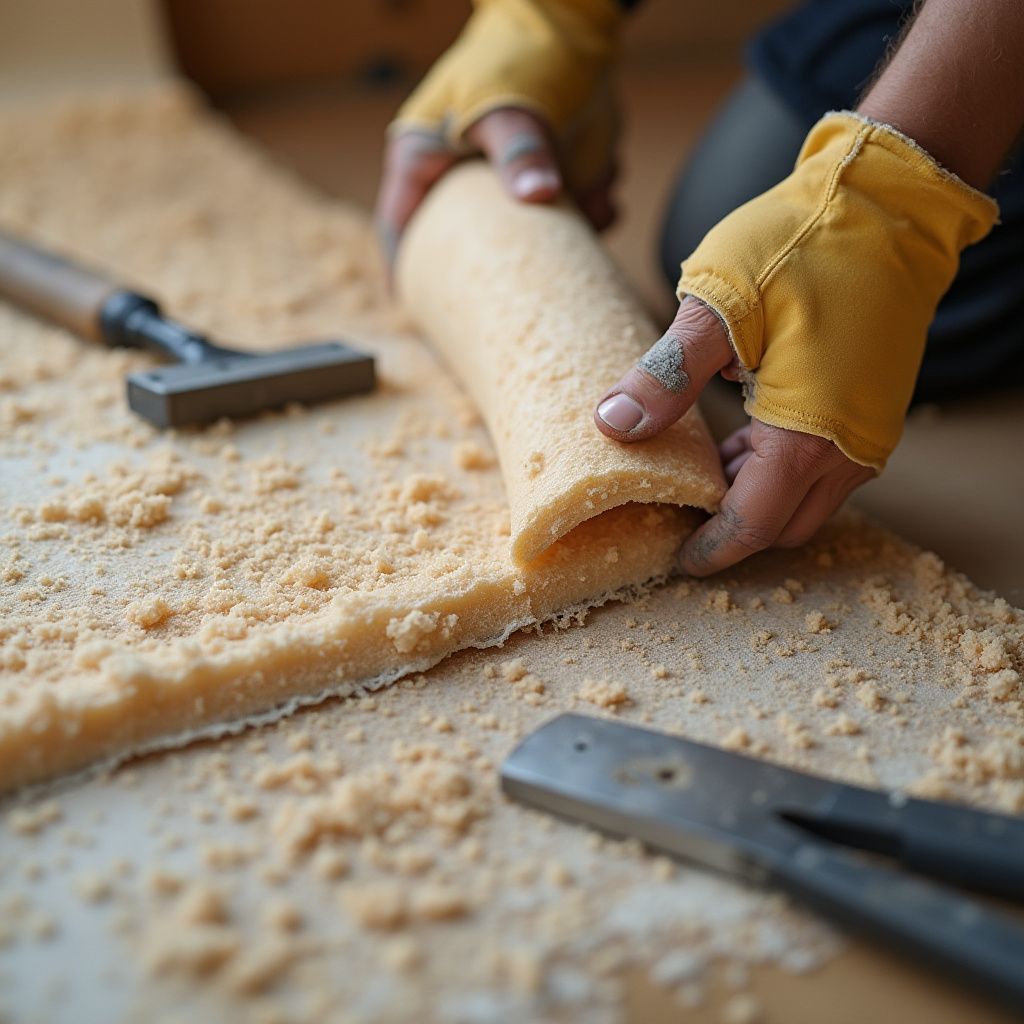 Person rolling a light-colored, spongy material. Yellow gloves, a tool, and loose granules are visible.