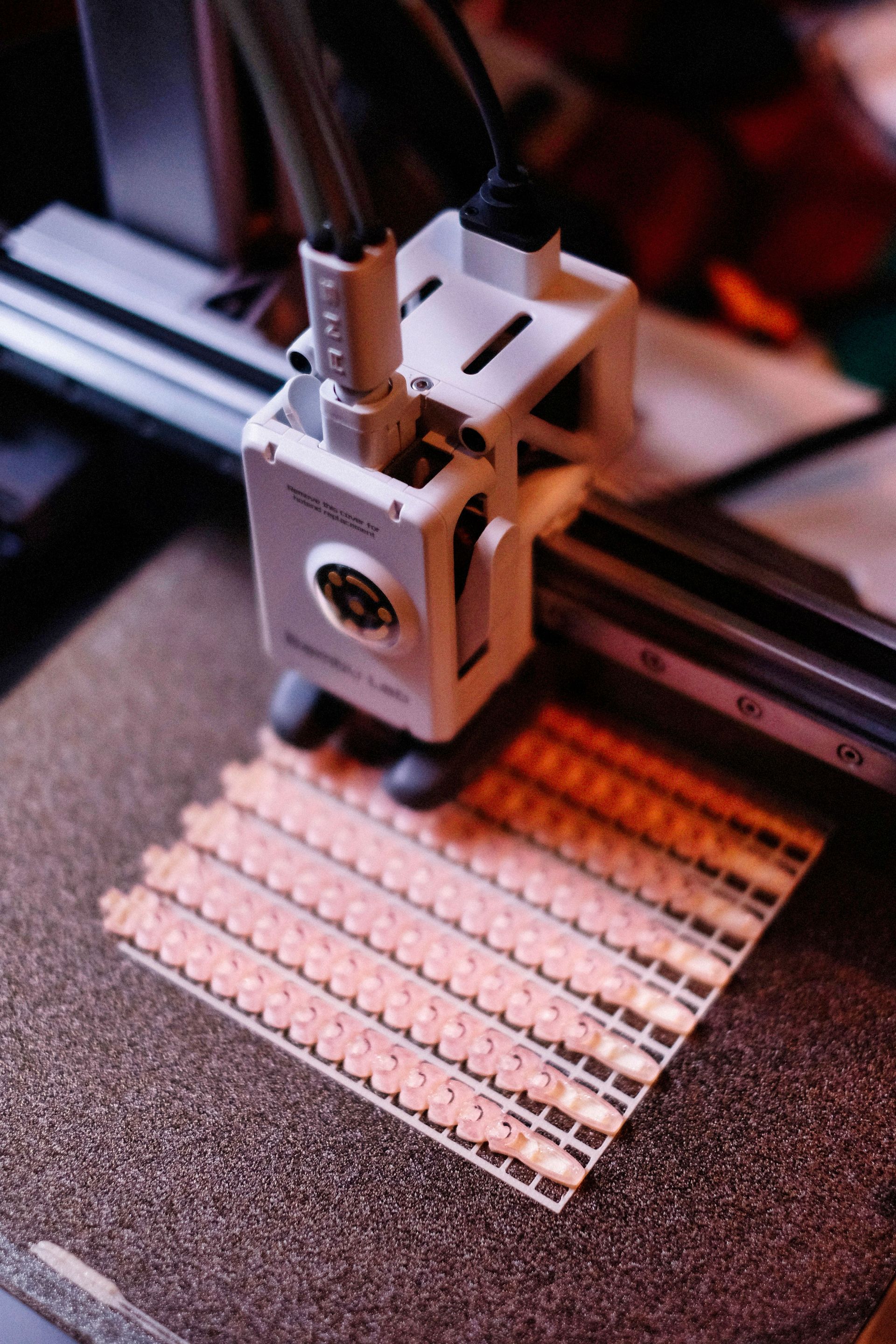 3D printer head printing a circuit board pattern on a flat surface