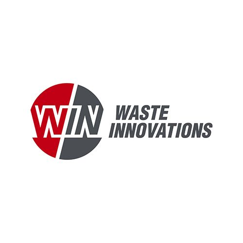 The logo for win waste innovations is red and gray.