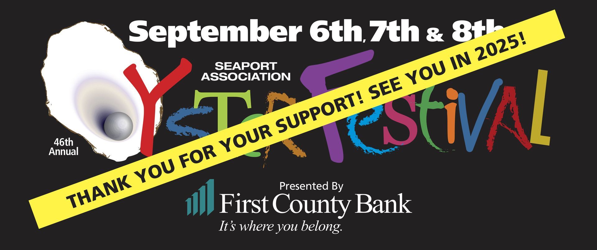 A poster for the oyster festival sponsored by first county bank